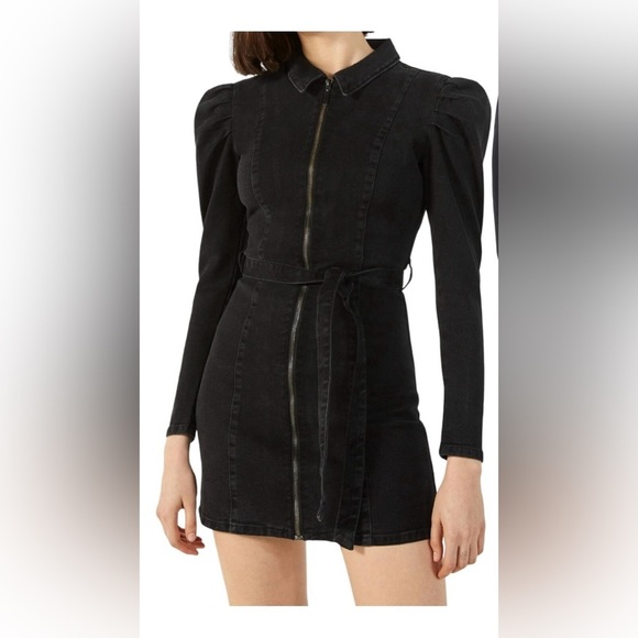 Bershka Dresses & Skirts - Bershka Black Denim Belted Puff Long Sleeve Dress- Large